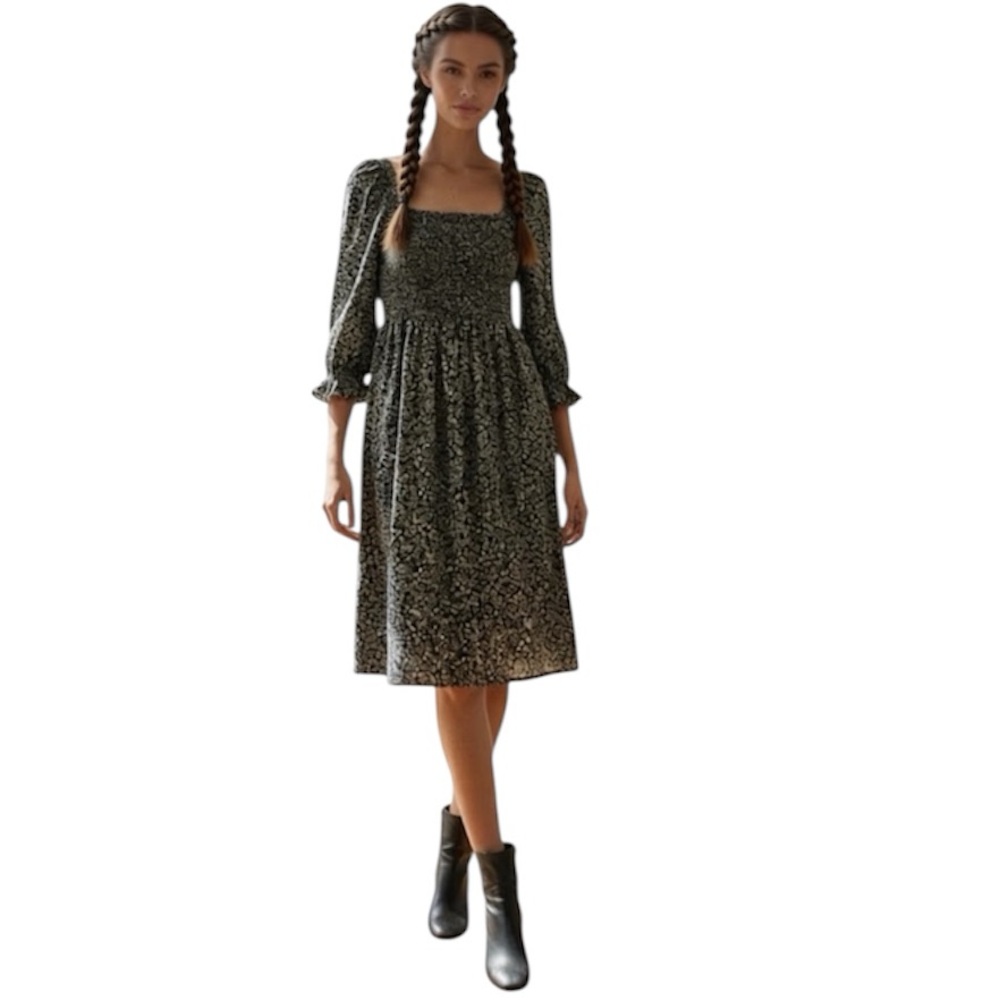 Madewell ‘Lucie Daisy’ Floral Smocked Puff Sleeve Dress in Black/White Size S
